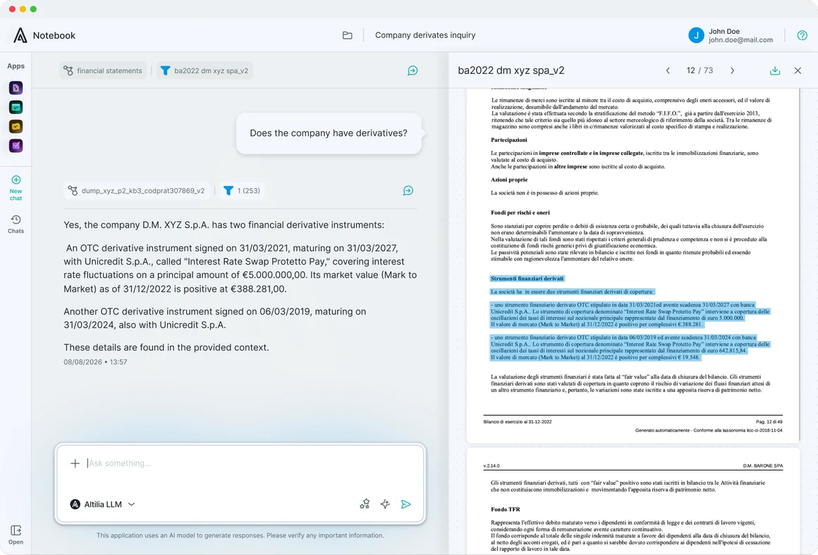 Altilia Notebook: an agent answer with its sources highlighted in the document